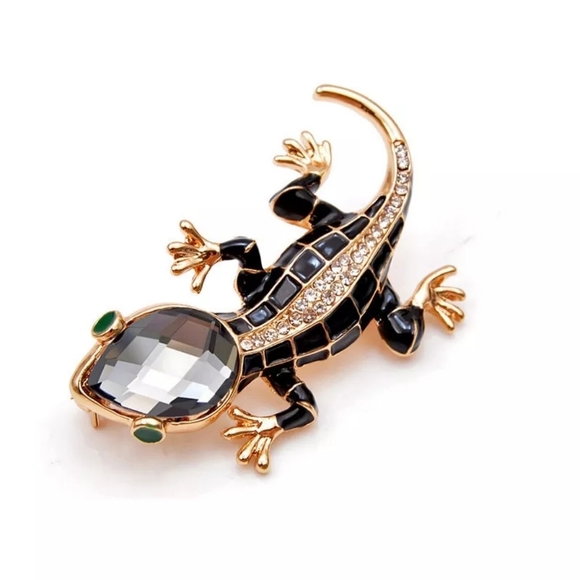 Rhinestone Gold and Black Enamel Lizard Brooch - Picture 2 of 7